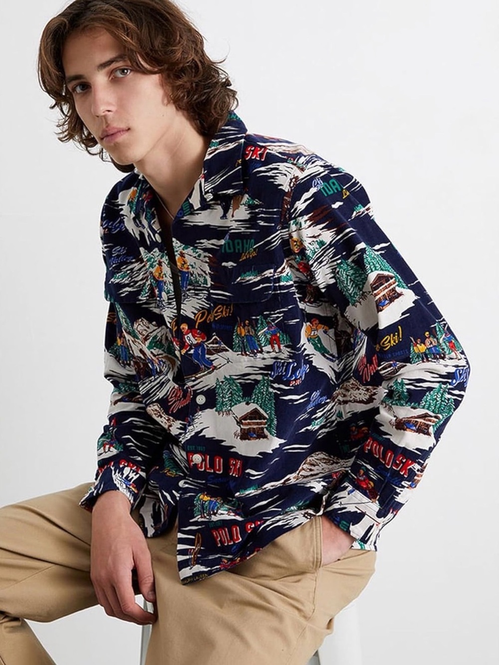 Like New Men’s Polo Ralph Lauren Corduroy Ski Print Button-Up Shirt in XXL